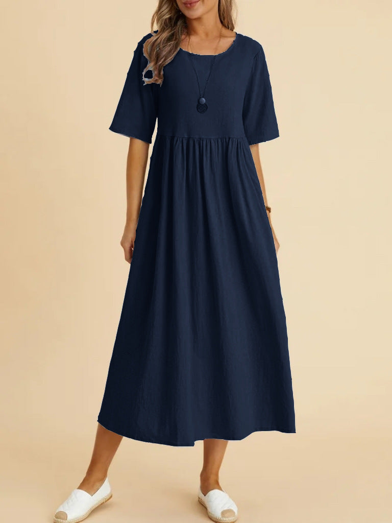 Women's Cotton Linen Pocket Half Sleeve Mid-length Dresses