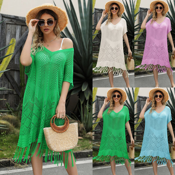 Women's Summer Solid Color Tassel Hollow Loose Dresses