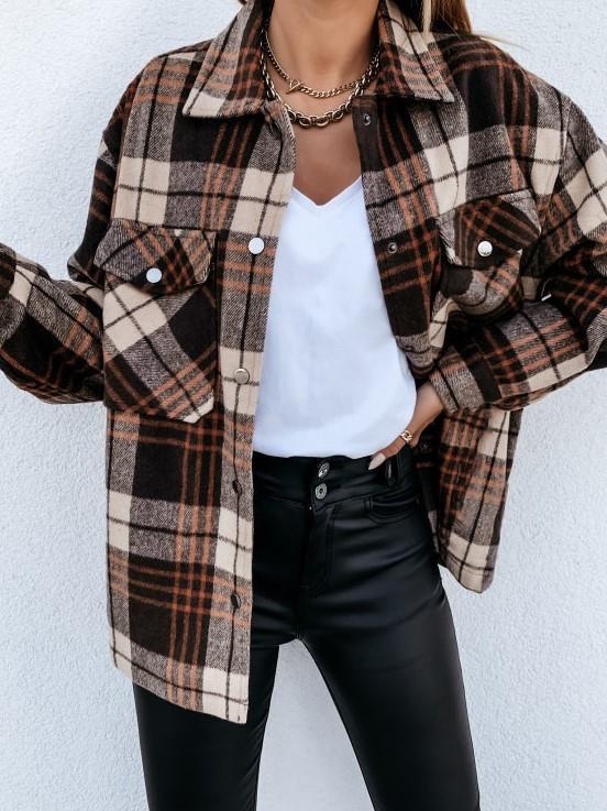 Women's Stylish Long-sleeved Shirt Plaid Single-breasted Coats