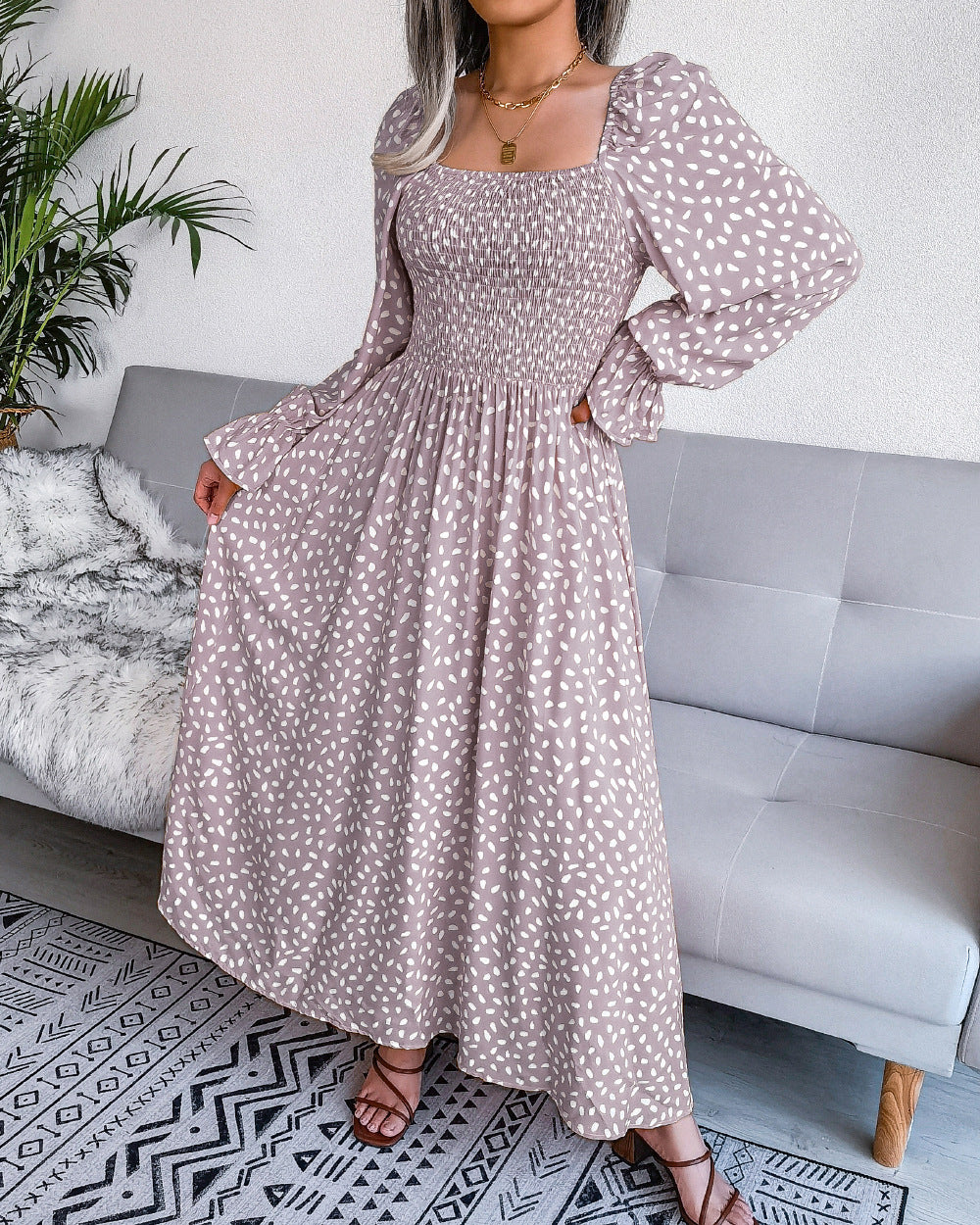 Women's Collar Long Sleeve Holiday Rayon Pleated Maxi Dresses