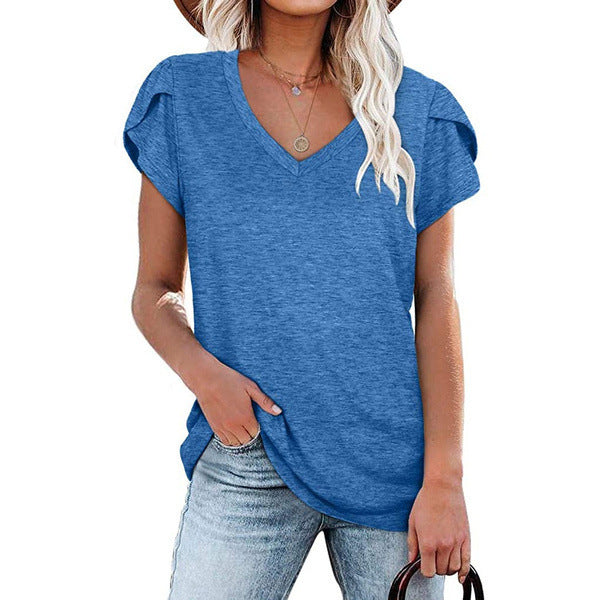 Women's Solid Color V-neck Sleeve T-shirt Blouses