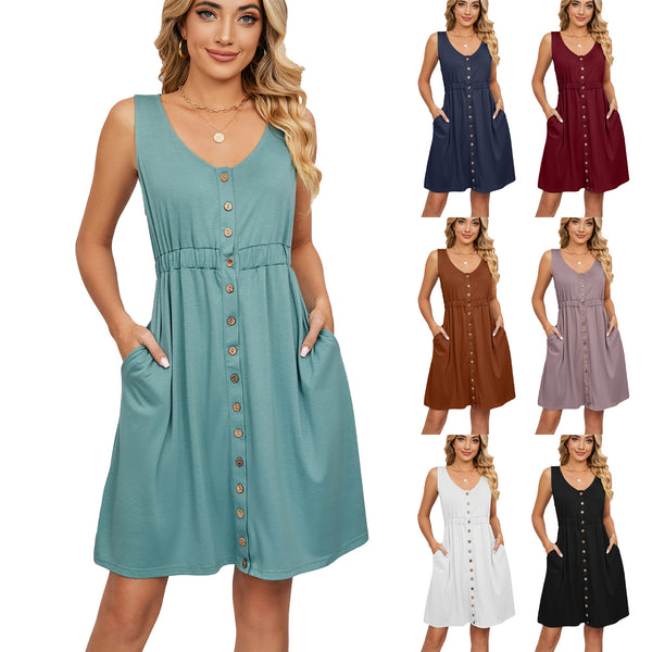 Solid Color Sleeveless Button Pocket Crew Dresses