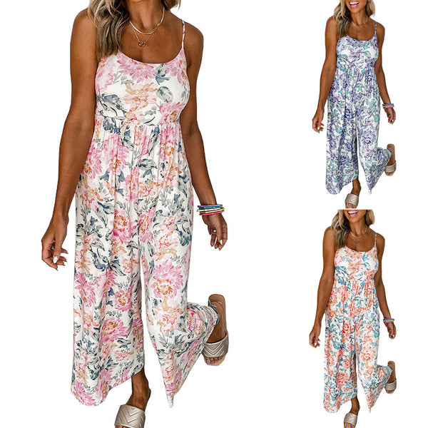 Damen-Sommer-Jumpsuits mit hoher Taille und weitem Bein und Blumenmuster