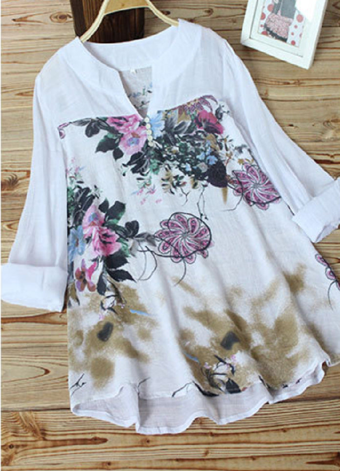 Women's Shirt Elegant Graceful Cotton And Linen Printed Stitching Pullover Blouses