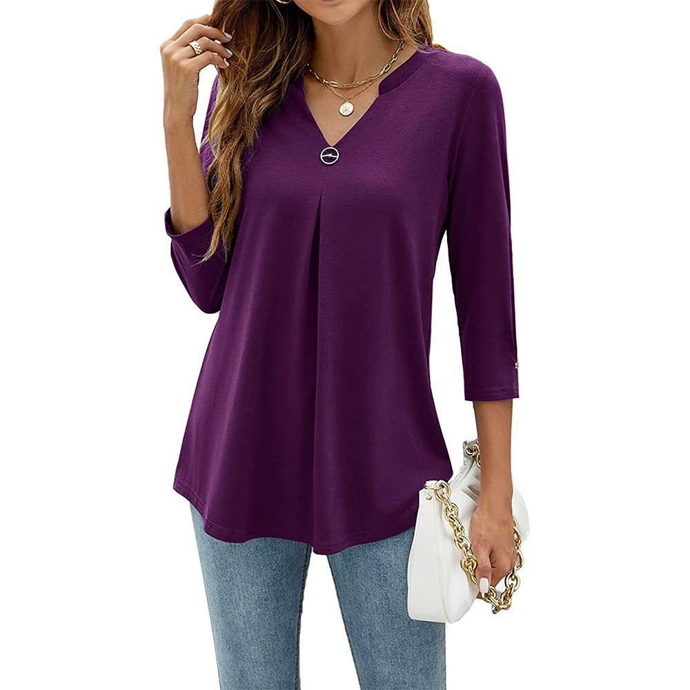 V-neck Three-quarter Sleeve Tight Decorative Buckle Pleated Blouses