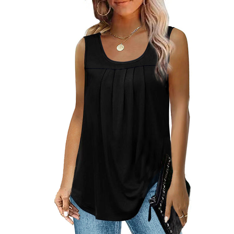 Women's Pleated Round Neck Dovetail Sleeveless Blouses