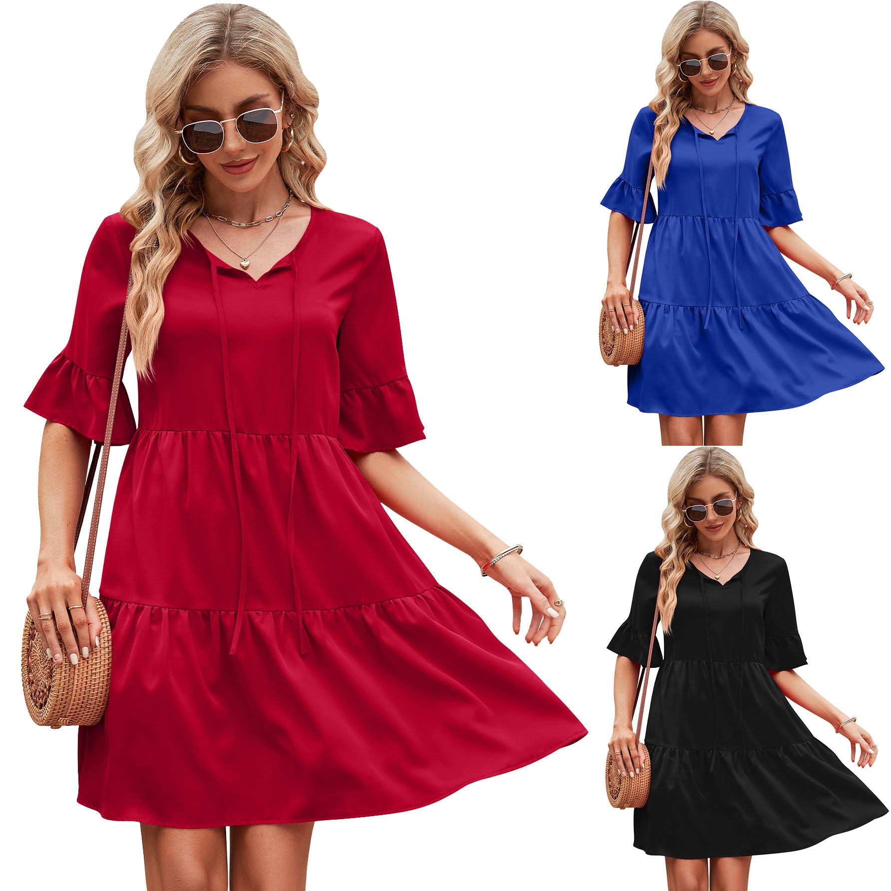 Women's Casual Pleated Sleeves Bohemian High Waist Dresses