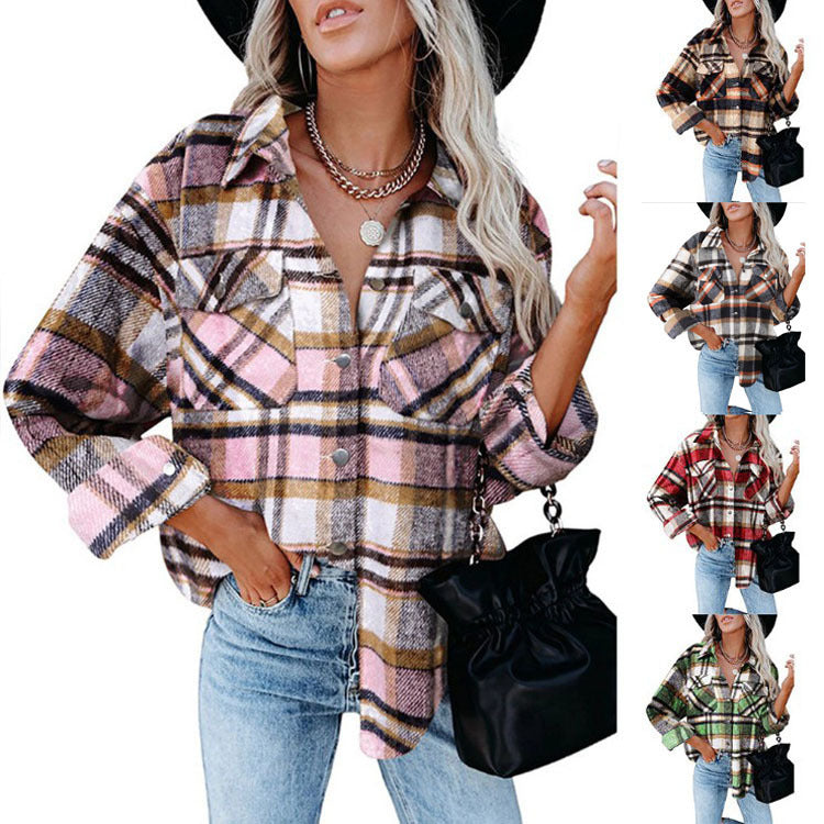 Women's Plaid Shirt Woolen Flannel Breasted Coats