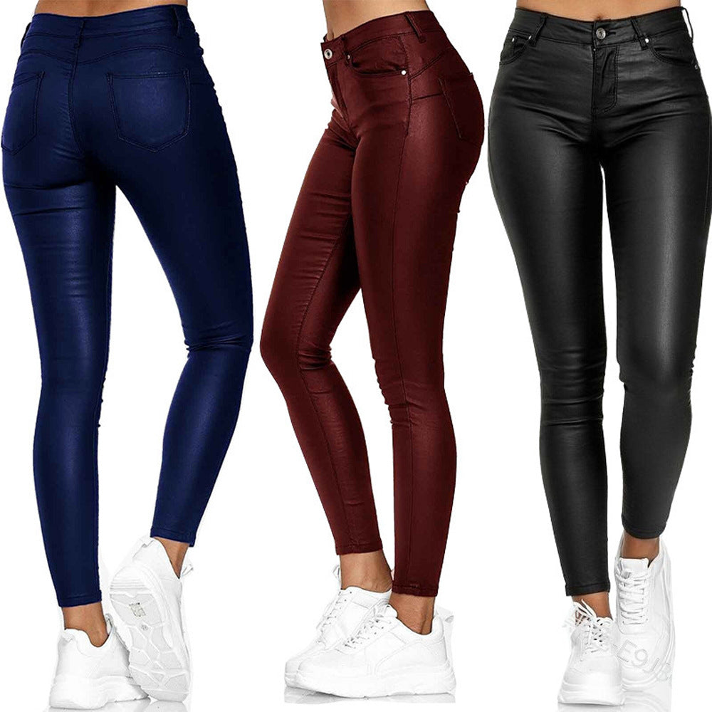 Pantalon slim décontracté en cuir de couleur pure pour femmes