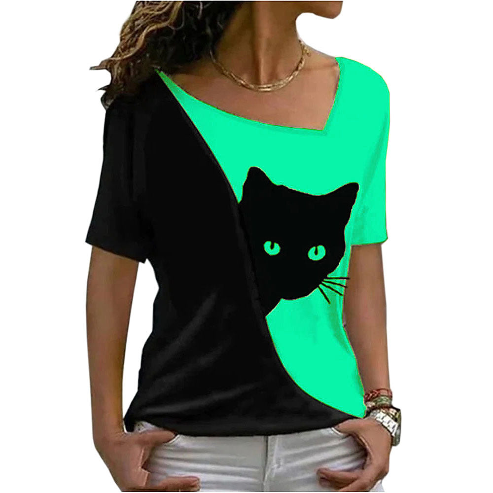 Women's Summer Collar Black Cat Printed Short-sleeved Blouses