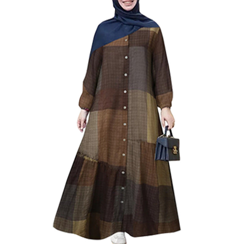 Women's Muslim Clothes Stitching Robe Cotton Long Sleeve Dresses