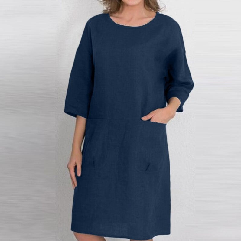 Women's Color Round Neck Pullover Pocket Half Sleeve Knee-length Dresses