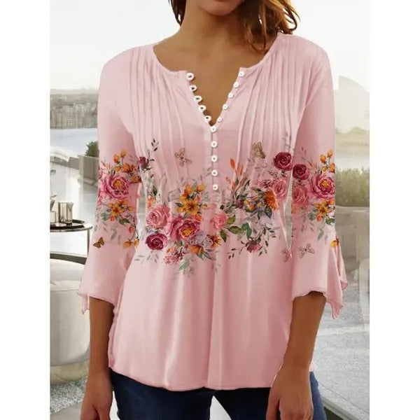 Women's Floral Printed Sleeve Pleated Button T-shirt Blouses