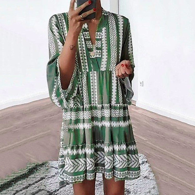 Printed Dress Loose Fashionable V-neck Chiffon Dresses