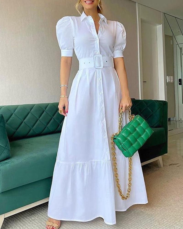 Summer High Waist Temperament Pure Color Mid-length Slimming Belt Dresses