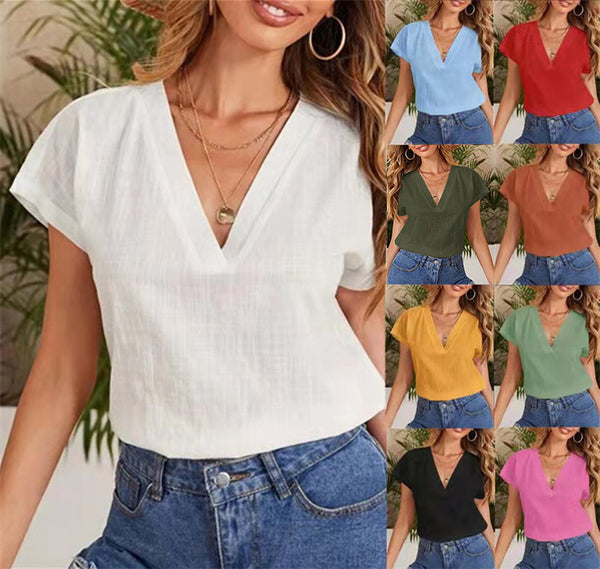 Solid Color Linen Loose Half Sleeve Blouses