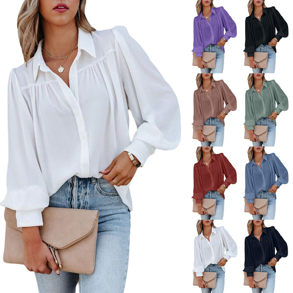 Women's Long-sleeved Lantern Sleeve Pleated Loose Blouses