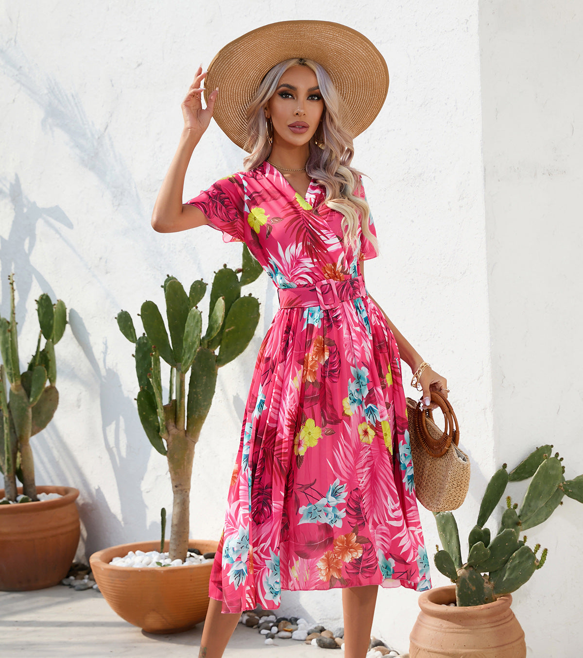 Women's Summer Floral Print Crumpled Short-sleeved Dresses