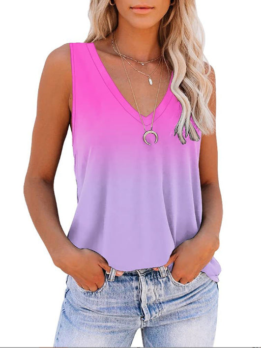 Women's Summer Digital Print V-neck Sleeveless T-shirts Blouses