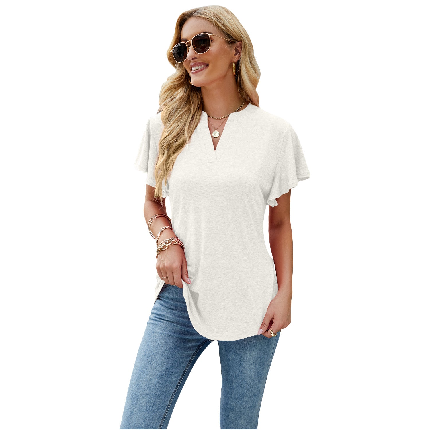 Women's Summer V-neck Ruffled Sleeve Dovetail Short-sleeved Blouses