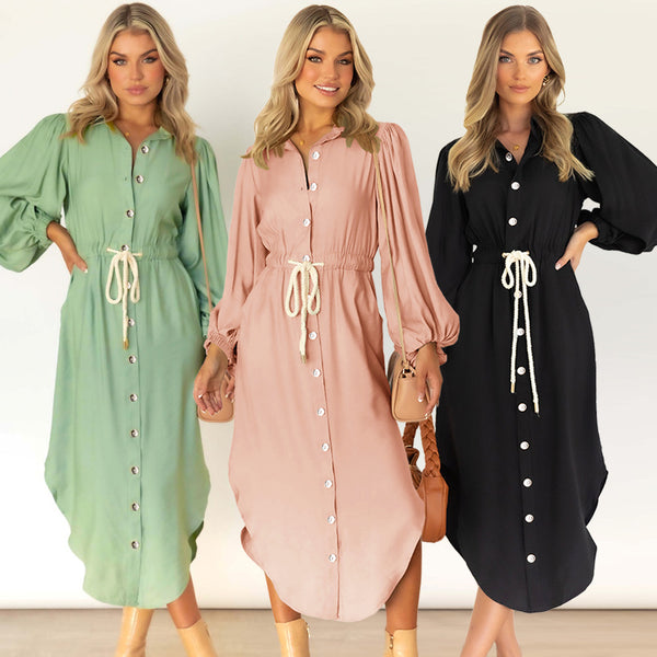 Women's Long-sleeved Mid-length Lace-up Waist Dress Shirt Dresses