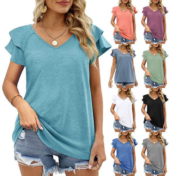 Women's Color V-neck Double-layer Ruffled Sleeve Loose Blouses