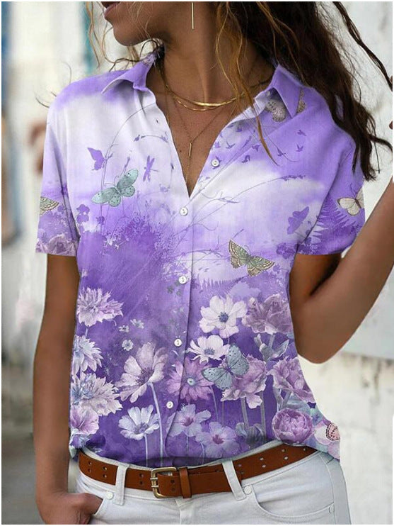 Women's Comfortable Printed Short-sleeved Lapel Shirt Blouses