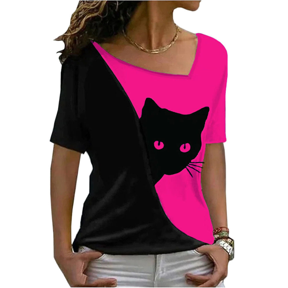 Women's Summer Collar Black Cat Printed Short-sleeved Blouses