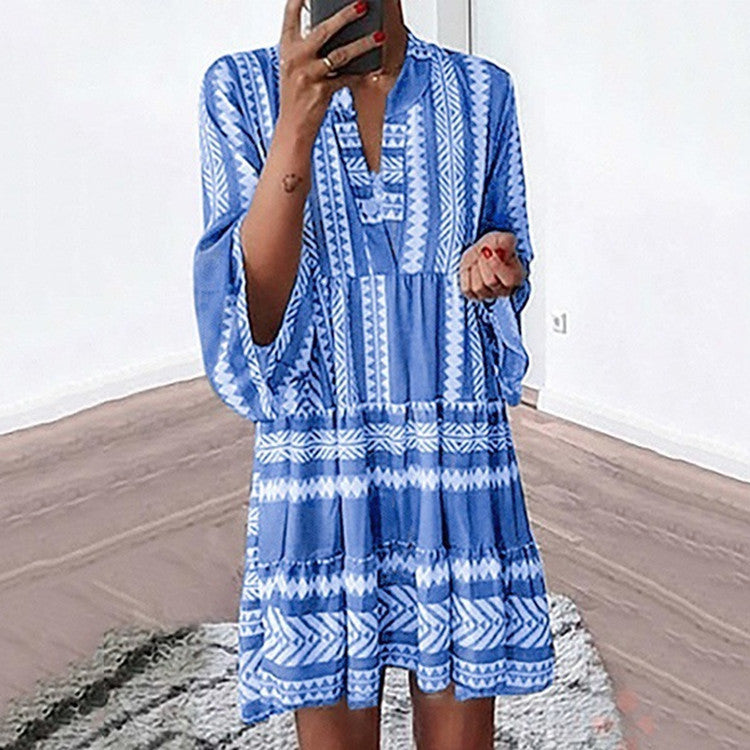 Printed Dress Loose Fashionable V-neck Chiffon Dresses