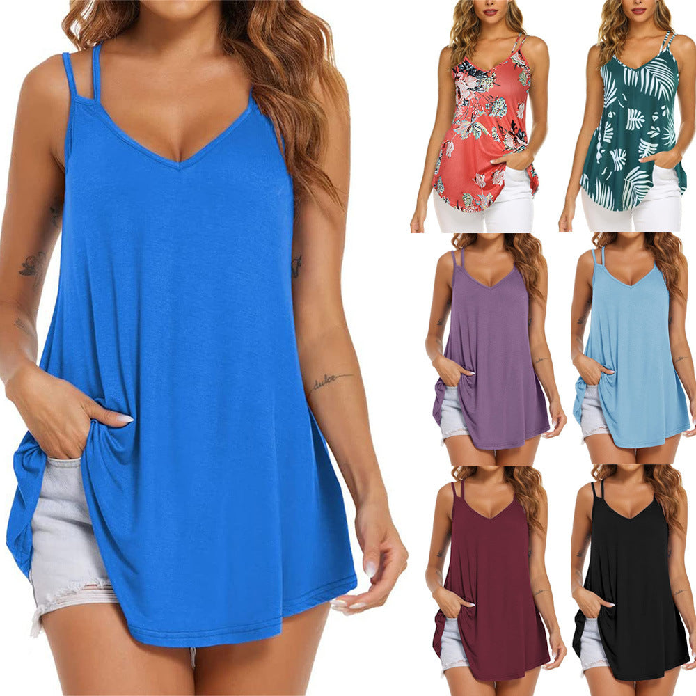 Women's Summer Sexy V-neck Double-strap Cotton-like Printed Blouses