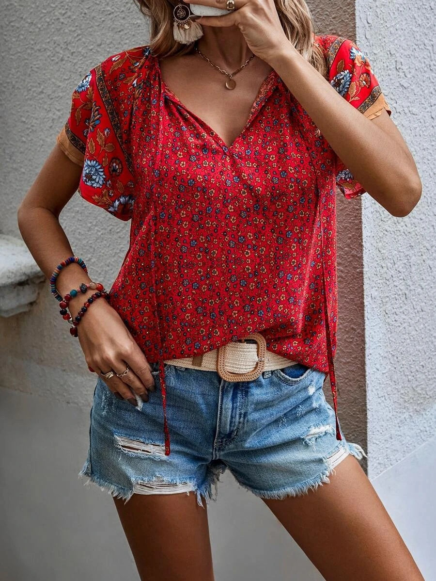 Women's Summer National Style Printed V-neck Sleeve Blouses