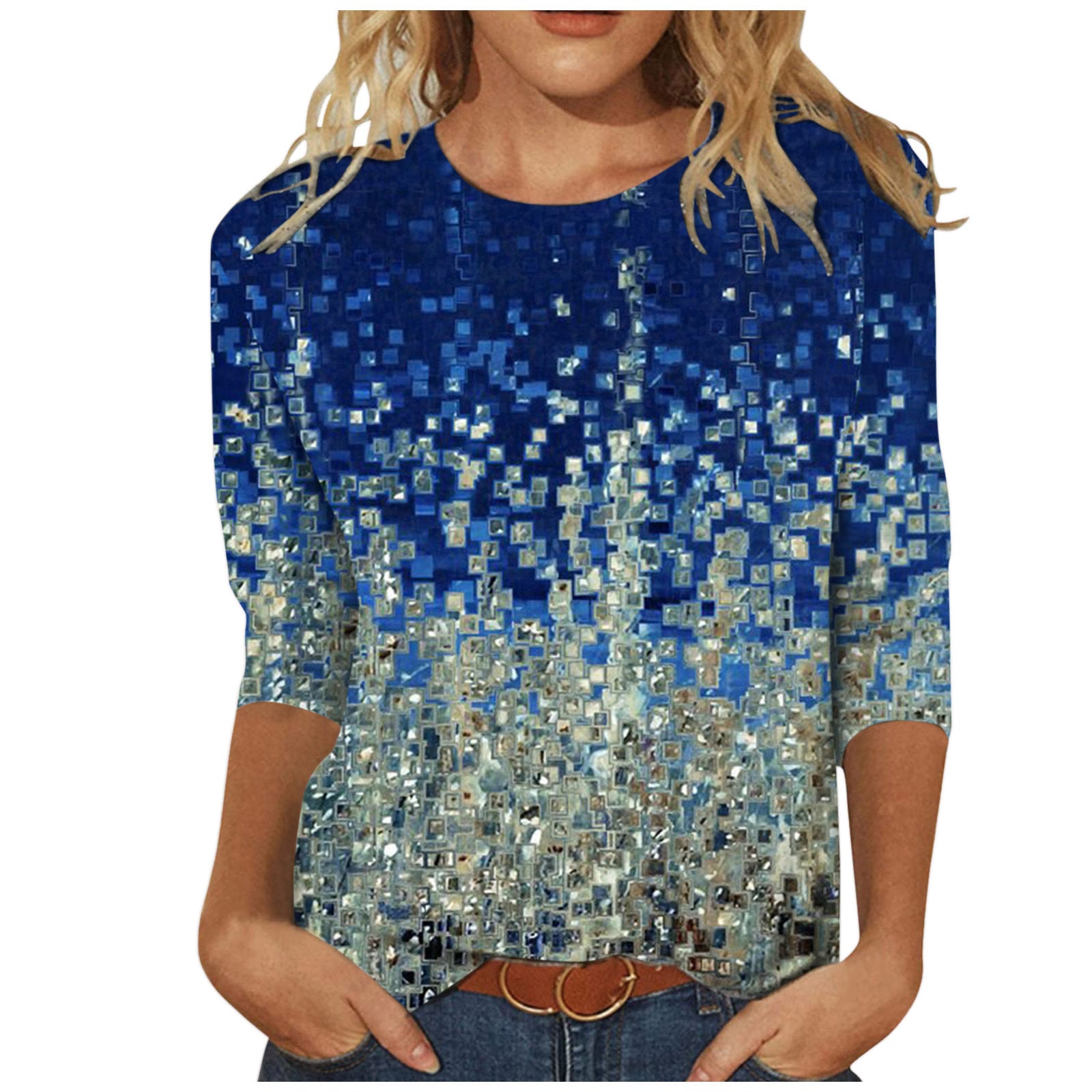 Women's Round Neck Long Sleeve Loose Print Tops