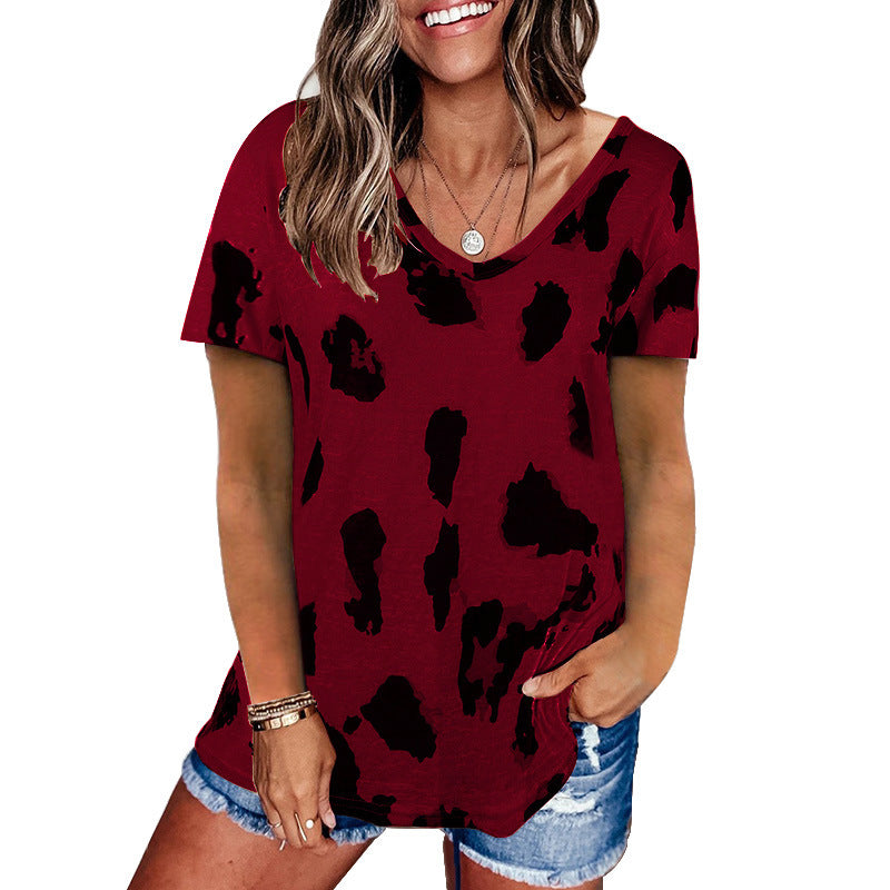 Women's Summer Leopard Print Loose Casual V-neck Sleeve Blouses