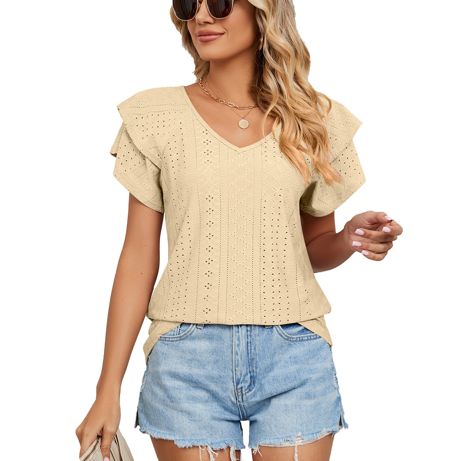 Women's Solid Color Double-layer Sleeve V-neck Loose Blouses