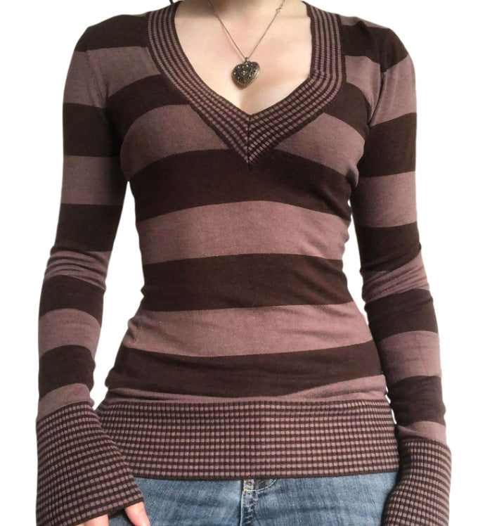 Women's Striped Peach Collar Tight Flared Sleeve Sweaters