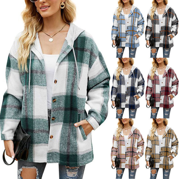 Women's Plaid Hooded Casual Loose Shirt Blouses