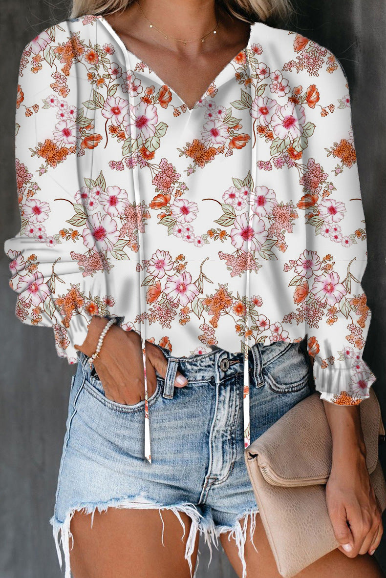 Women's Floral Print Shirt V-neck Long-sleeved Blouses