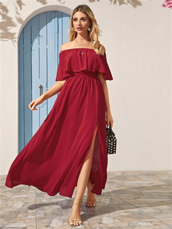 Women's Beautiful Off-neck Ruffled Long Dress Dresses