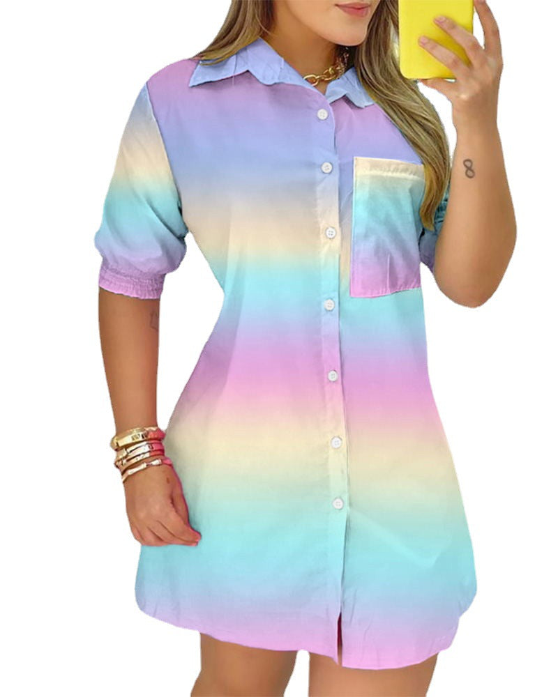 Women's Durable Tie-dyed Pocket Buttons Shirt Blouses