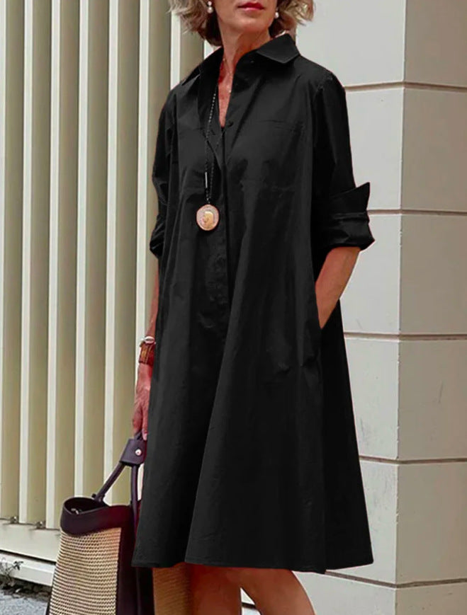 Autumn Shirt Long Sleeve Solid Color Simple Mid-length Dresses