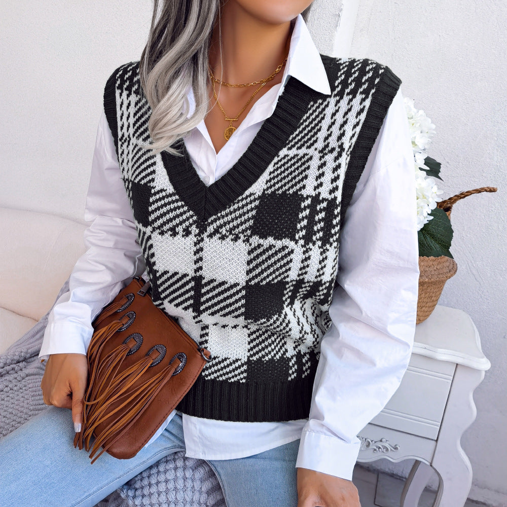 Fashion Women's Casual Color Plaid Knitted Sweaters