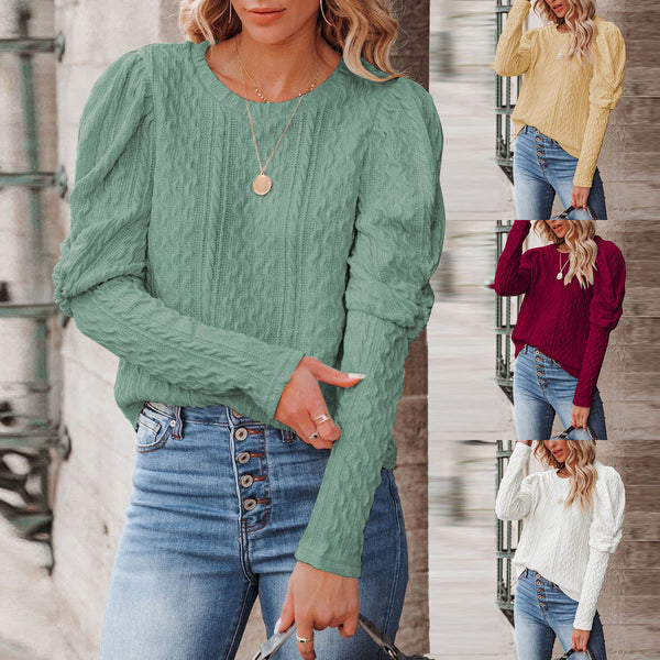 Women's Solid Color Jacquard Round Neck Gigot Sweaters