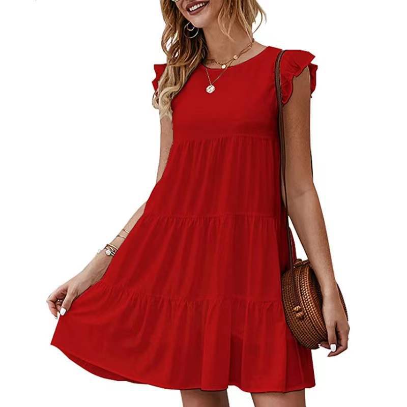 Color Round Neck Sleeves Casual Cake Pleated Dresses