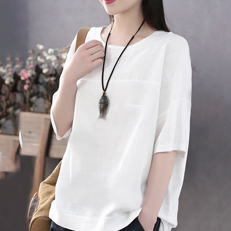 Women's Casual Short-sleeved Cotton And Linen Loose Bottoming Blouses