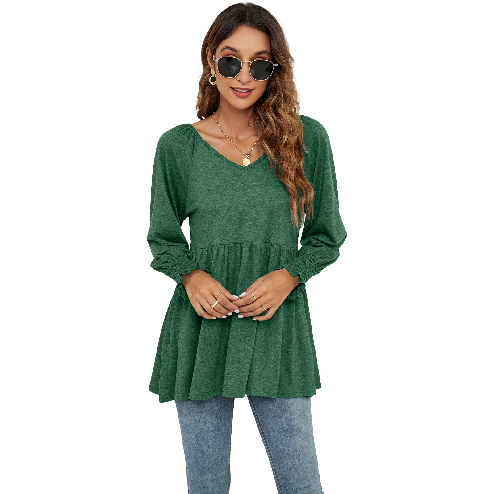 Women's V-neck Bubble Long Sleeve Waist T-shirt Tops