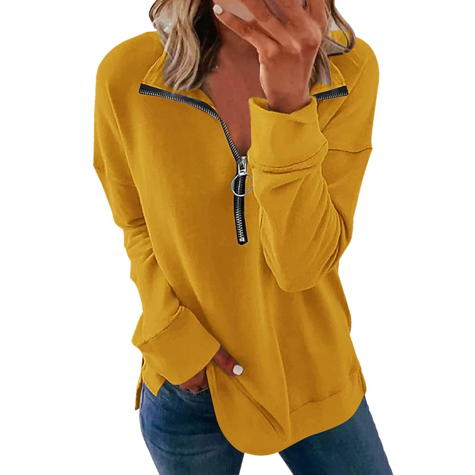 Women's Lapel Zipper Personality Solid Color Long-sleeved Sweaters