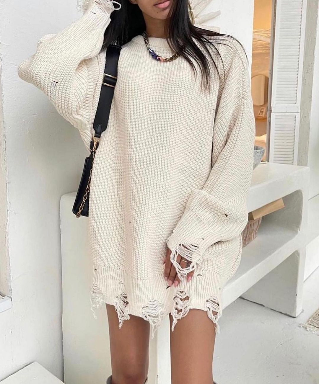 Knitted Round Neck Loose Hole Mid-length Sweaters