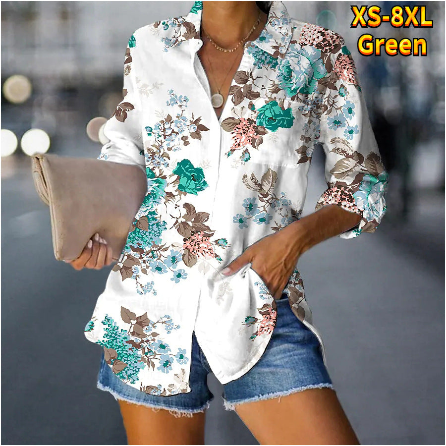 Women's Rose Printed Long Sleeve Button Shirt Blouses