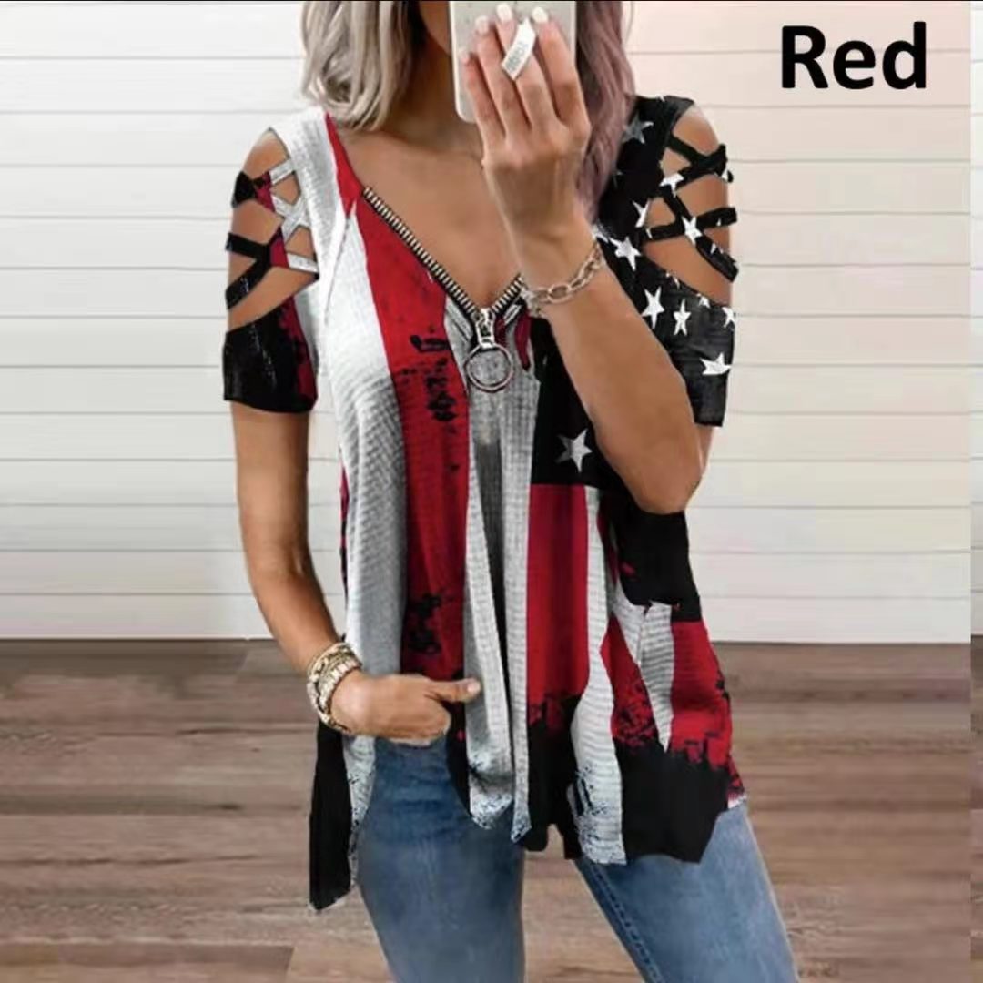 Women's Summer Printing Cross Sleeve Zipper V-neck Blouses