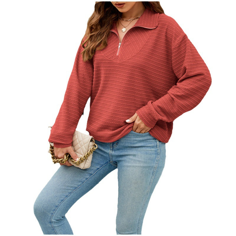 Women's Casual Sweatshirt Zipper Sports Fashion Polo Collar Drawstring Loose Sweaters